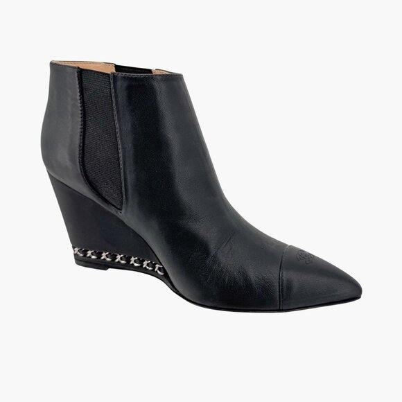 Chanel CC Black Leather Pointed Chain Wedge Ankle Boot Bootie Size 39.5 US 8.5-9 - Picture 11 of 16